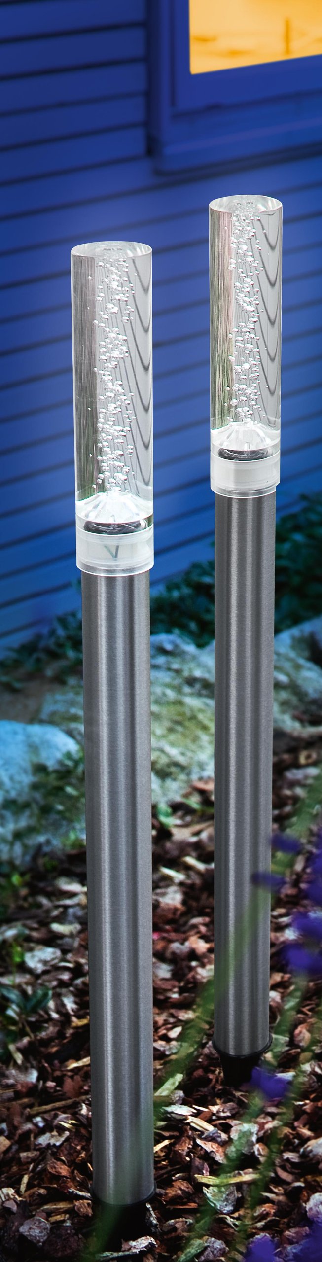 Esotec Solarlampen TWINS 2er Set - Bernsteinfarbene LED-Leuchtstäbe Mit Luftblasen, Edelstahl, Winterfest Für Garten & Wege