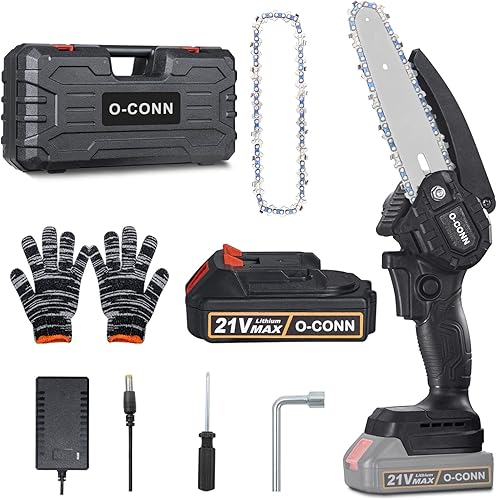 O-CONN - Mini motosierra inalámbrica de 6 pulgadas, funciona con batería de 2.0 Ah y cargador, motosierra eléctrica portátil de mano, para cortar