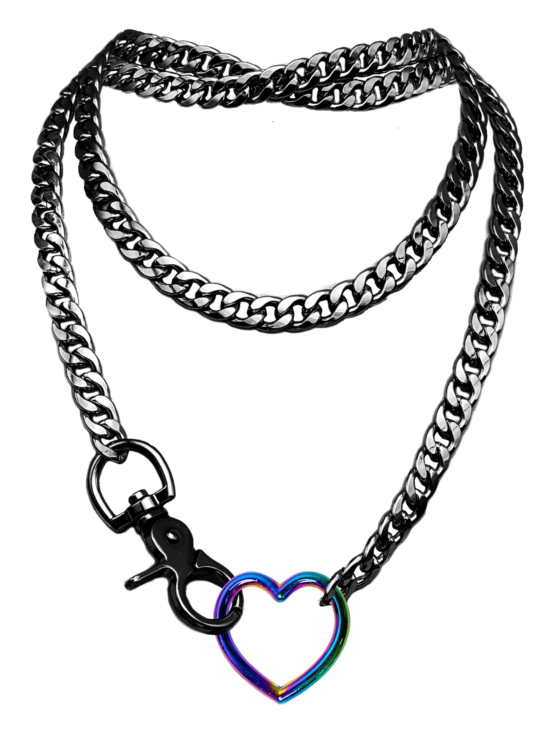 paloli Women's Slip Chain Rainbow Heart O-Ring Chunky Chain Necklace, Rays Cuban Long Layered Jewelry, Adjustable Lariat Y-Necklace Heart Loop Choker