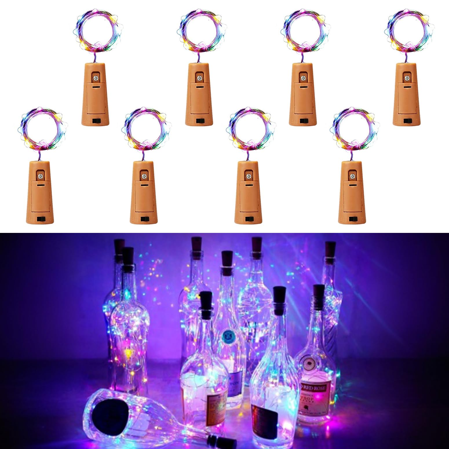 Bottle Lights 8 Pack, 2m 20 LED Wine Bottle Lights with Cork, Fairy Light Battery Operated for Birthday, Wedding, Christmas DIY Indoor/Outdoor Table Decoration (Colourful)