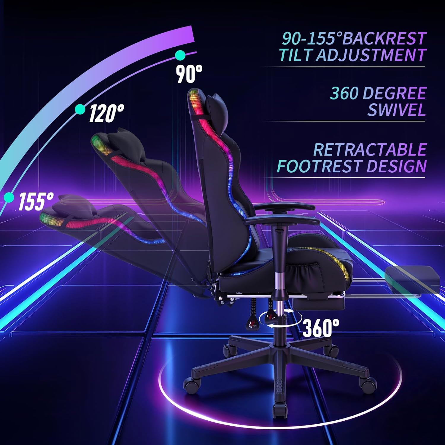 HOFFREE RGB LED Gaming Chair for Kids Reclining Gaming Chairs for Teens 8-15 Computer Chair with RGB Lights Kids PC Game Chair with Footrest and Lumbar Support Video Game Chairs Black