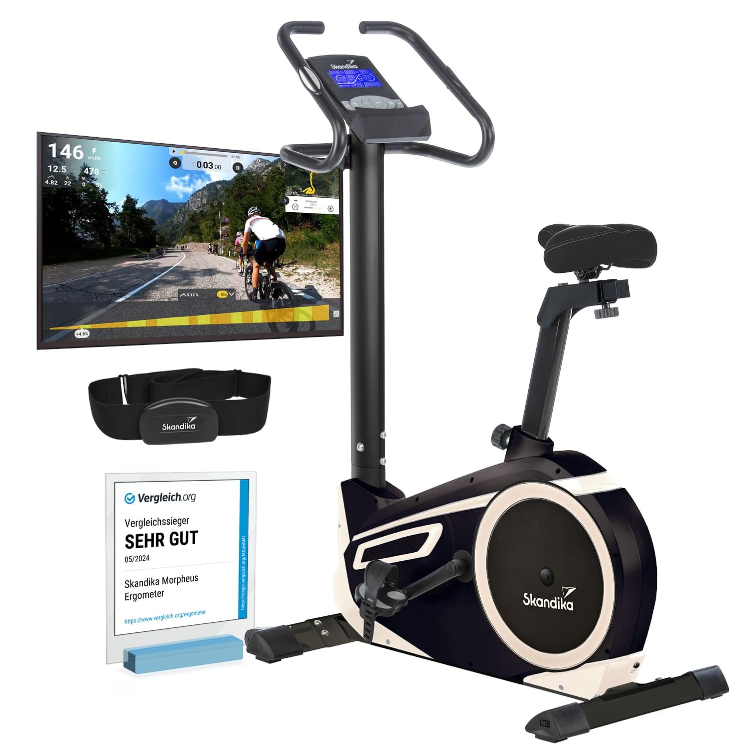 skandika Ergometer Exercise Bike - Home Trainer with Bluetooth, Heart Rate Belt, 32 Level Adjustable Resistance Setting and Multifunctional Computer with Calorie Use and Pulse...