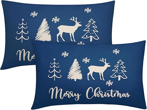 Juego de 2 fundas de almohada lumbares azules de Navidad de 12 x 20 pulgadas, diseño de copos de nieve, árbol de ciervo y copo de nieve, juego de 2
