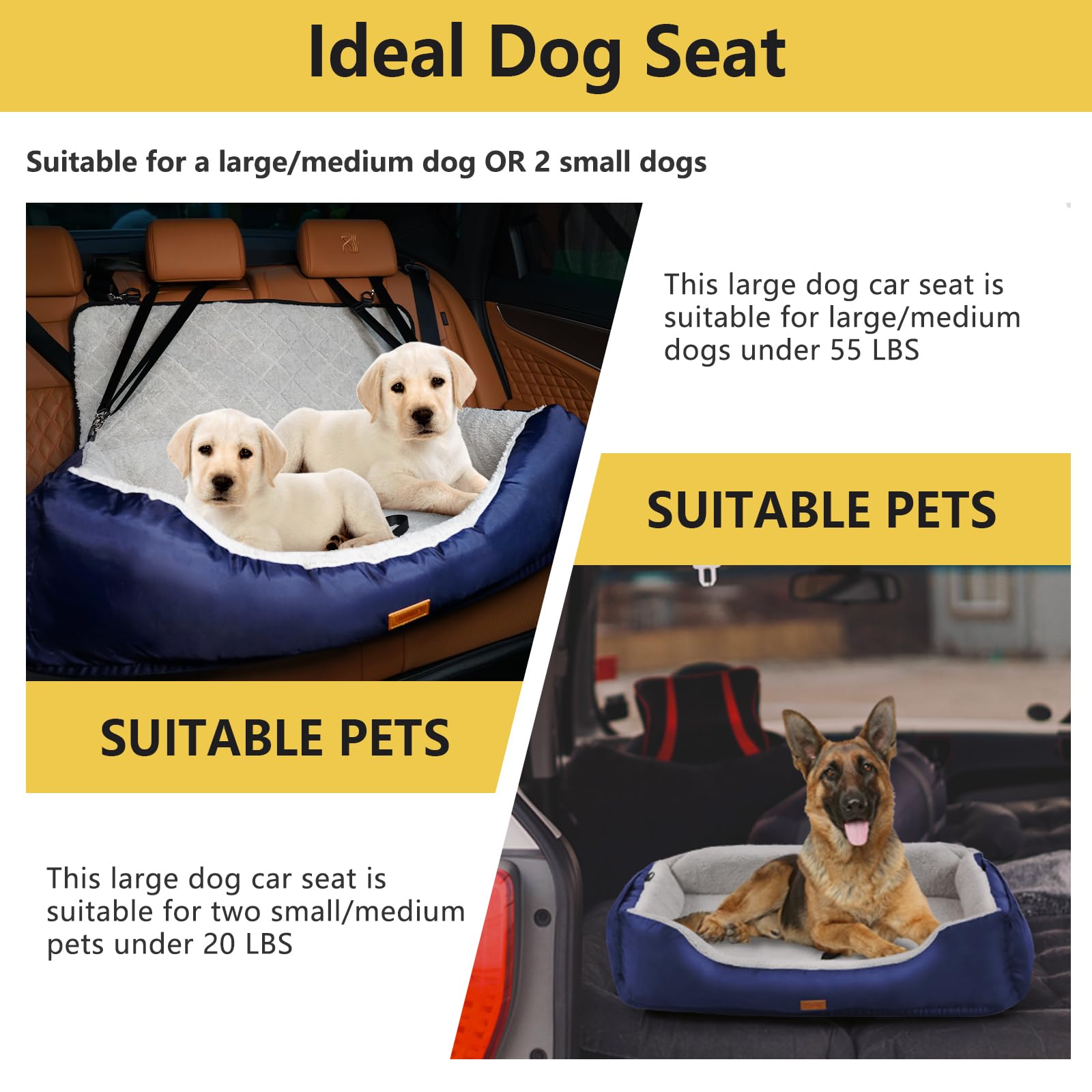 FUNNIU Dog Car Seat, Pet Car Seat for Medium/Large Dogs or Two Small Dogs, Dog Car Bed Travel Safety Fully Detachable Washable for Back Seat with Soft Cushion, Blue