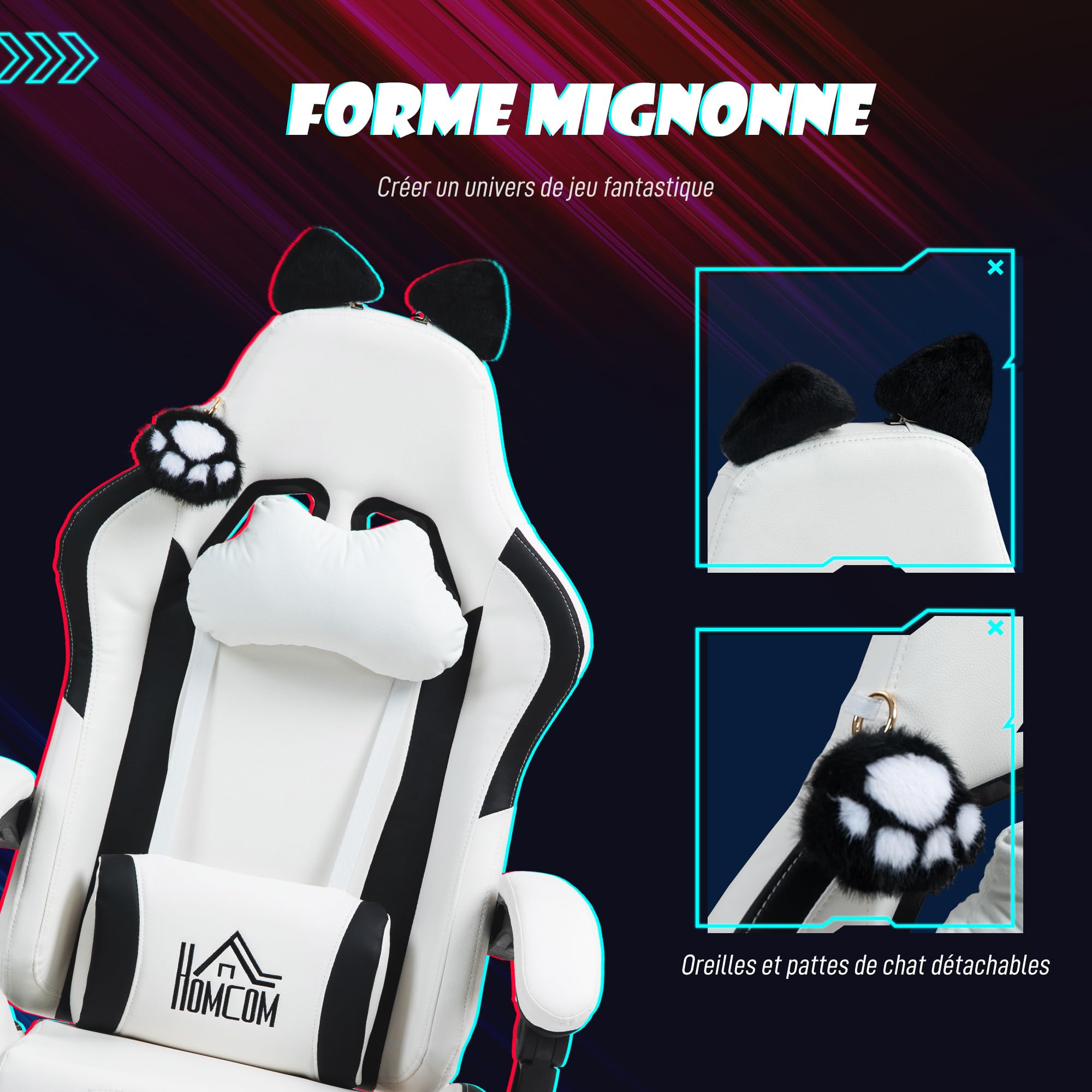 HOMCOM Chaise Gaming Ergonomique avec Oreilles de Chat Fauteuil Gamer Blanc