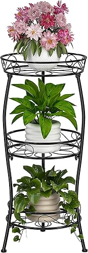 VECELO Soporte de metal para plantas de 3 niveles para interiores, resistente al óxido, estable de 33.8 pulgadas de alto, soporte decorativo de