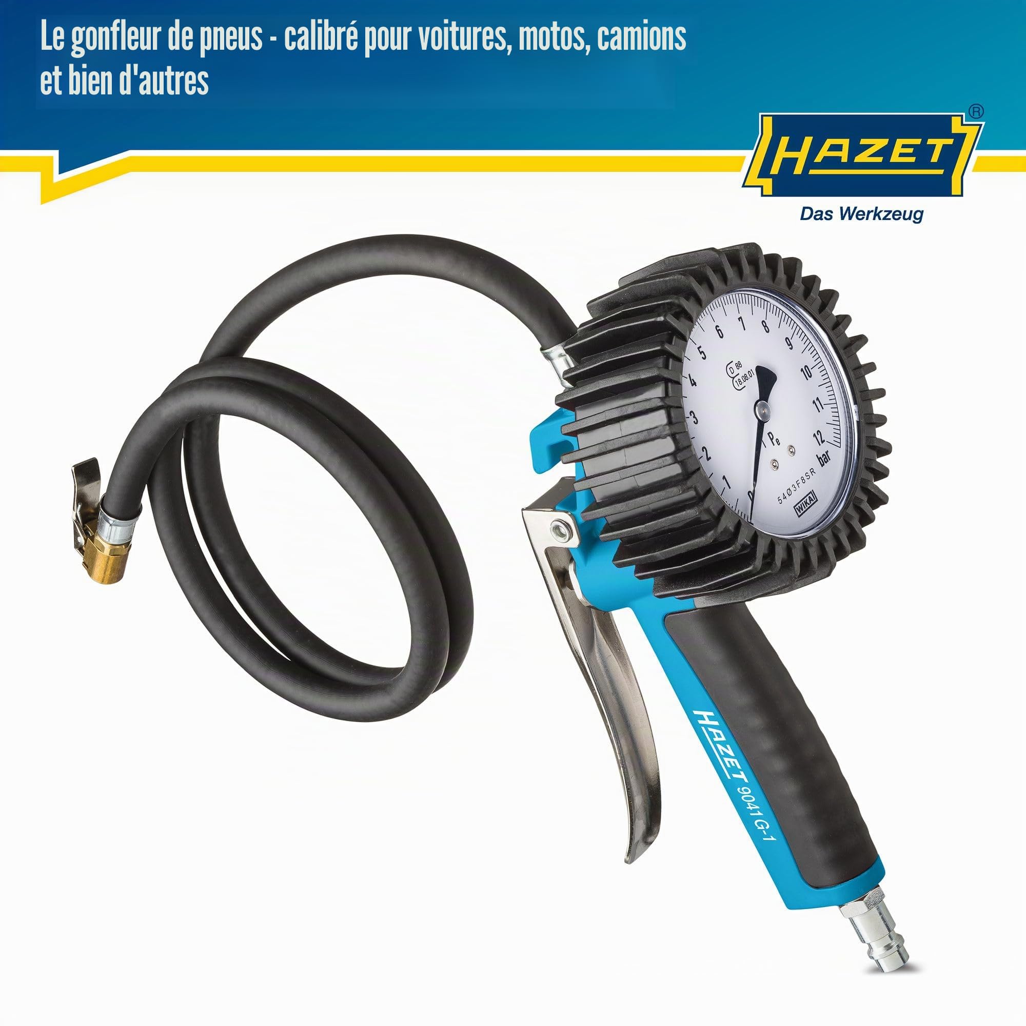 HAZET Gonfleur de pneus 9041G-1 I Calibré, plage de mesure du manomètre : 0-10 bar, longueur de tuyau : 1000 mm, manomètre : 80 mm I Contrôleur de pression des pneus pour voiture, moto, camion