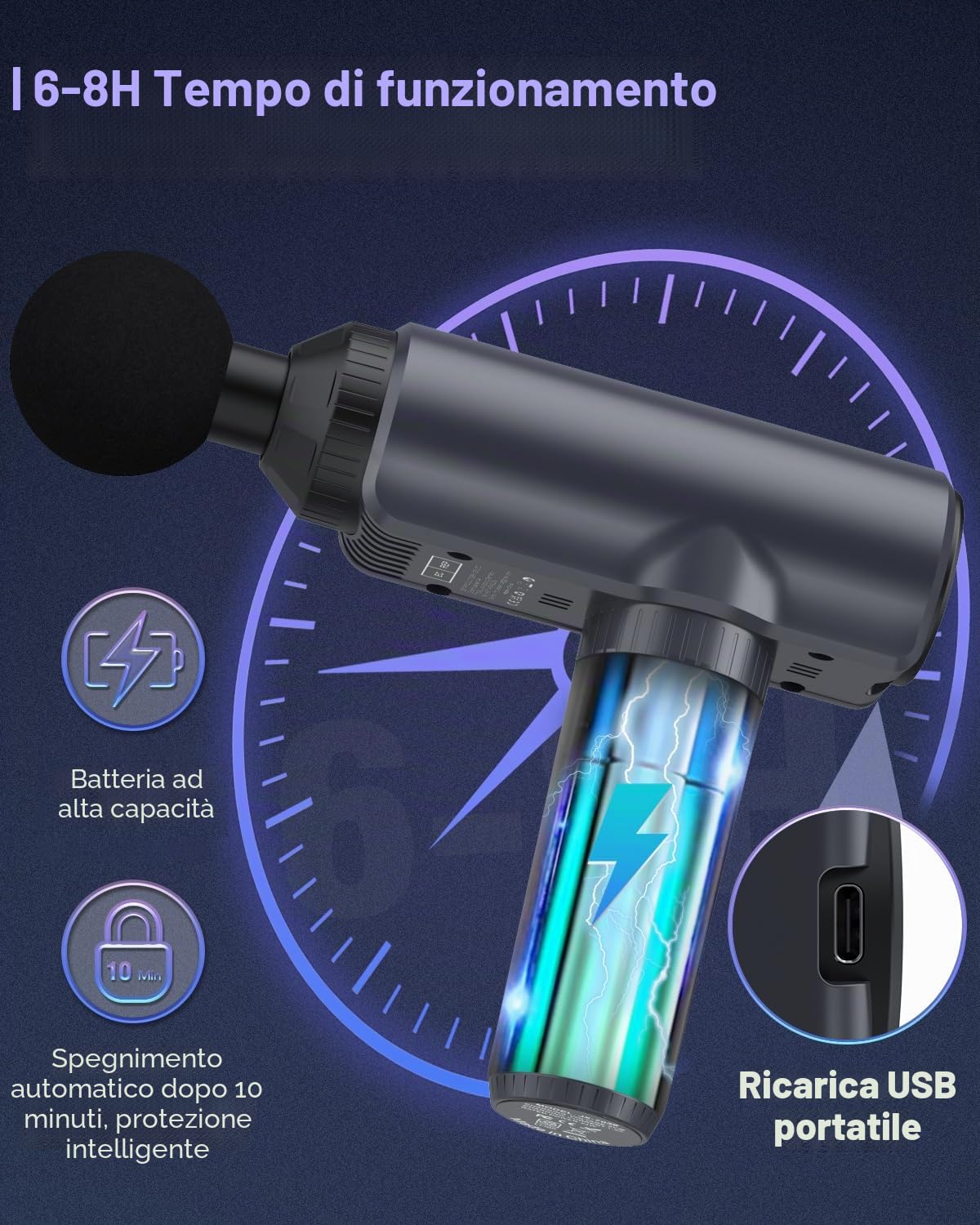 Pistola massaggio muscolare,Pistola massaggiante Massaggiatore profondo con 30 velocità e 6 testine Massaggiatore manuale con porta di ricarica USB C