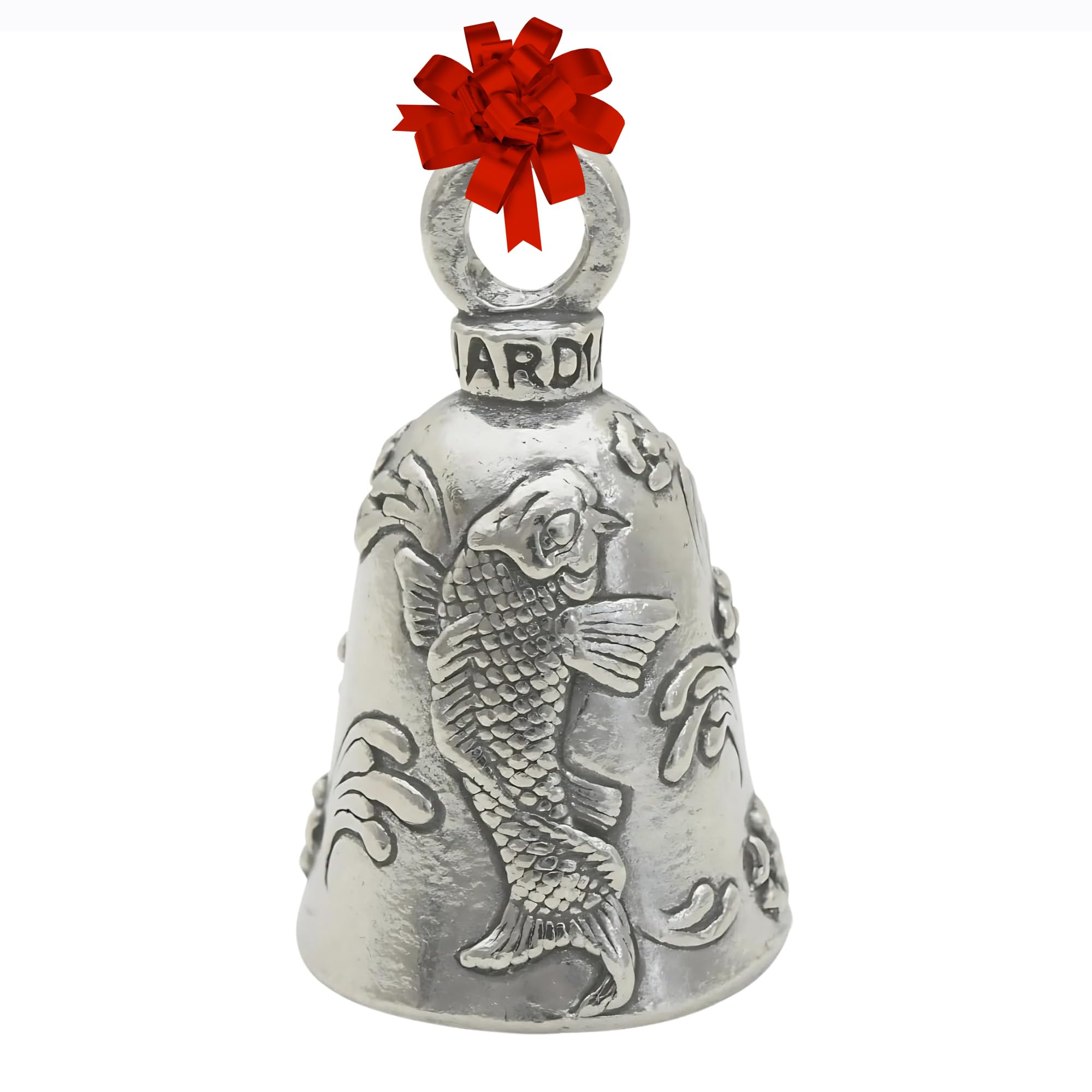 Japanese Koi Good Luck Bell w/Keyring & Black Velvet Gift Bag | Motorcycle Bell | Lead-Free Pewter | Made in USA