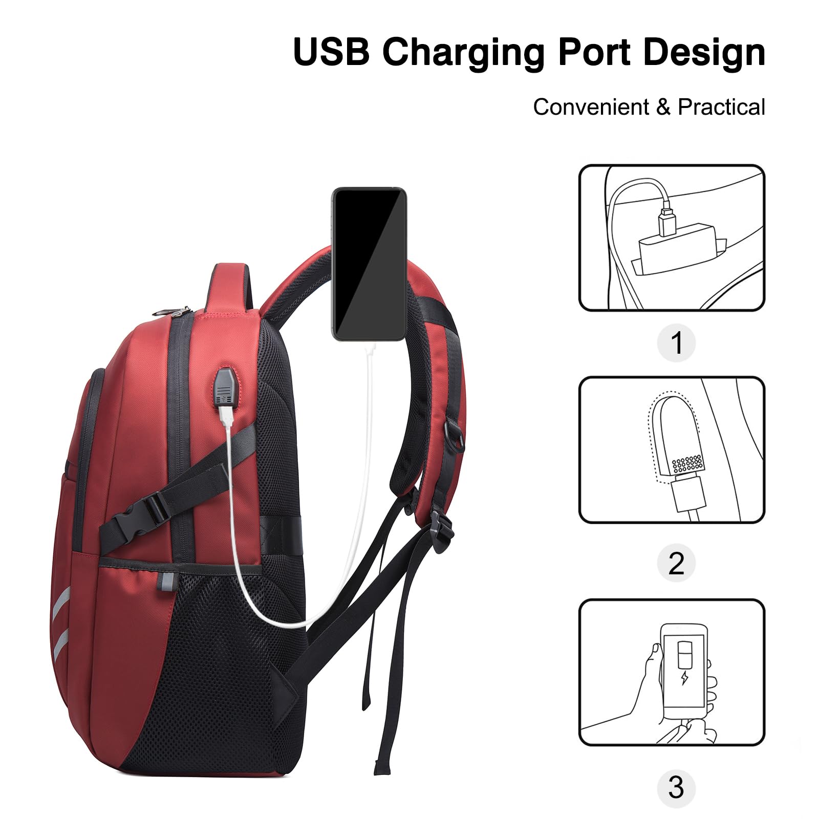 FANDARE Mochila de Viaje Gran Capacidad con Puerto de Carga USB, Mochila Ligera y Resistente para Ordenador de 15.6 Pulgadas, Incluye Correa para Equipaje, Tiras Reflectantes