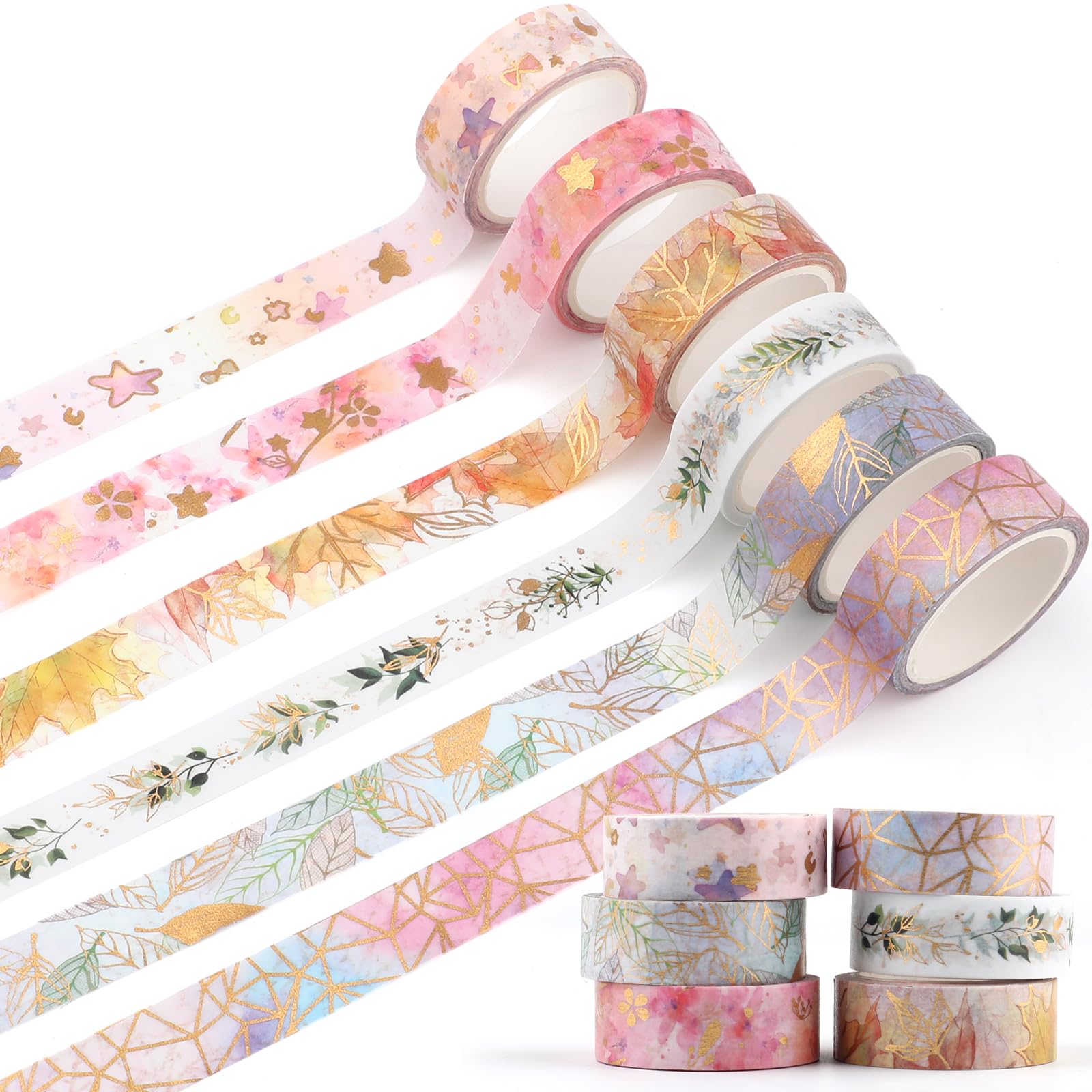 Juego de 6 rollos de cinta washi floral dorada, cinta decorativa con patrón floral de color dorado de 15 mm, cintas decorativas para manualidades, diseño de álbumes de recortes, diario, manuales