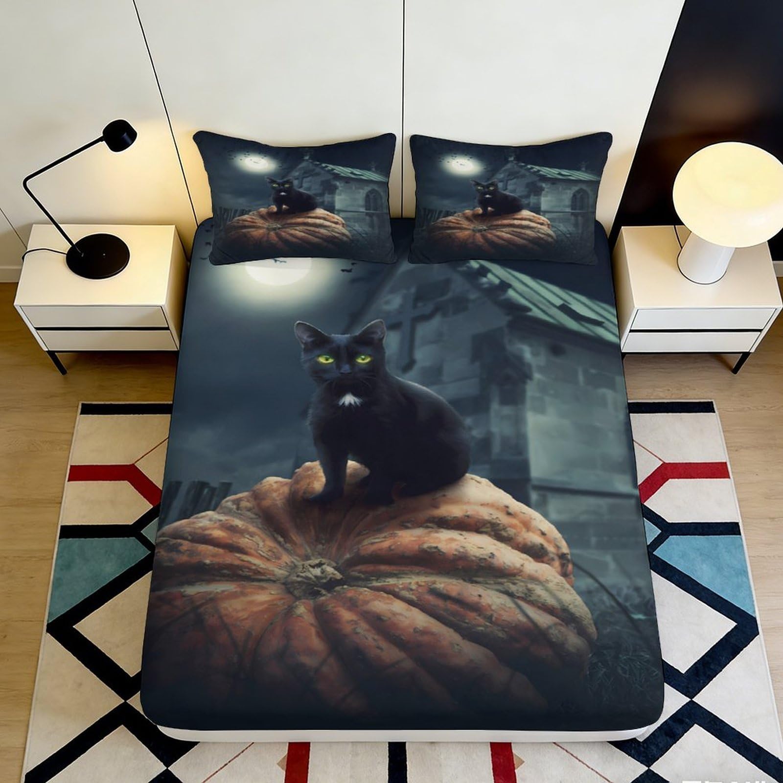 3D Printed Halloween Black Cat Pumpkin Fitted Sheet Microfiber Soft Slip-Resistant Bed Cover for Bedroom Dorm Decor 160x200x25cm