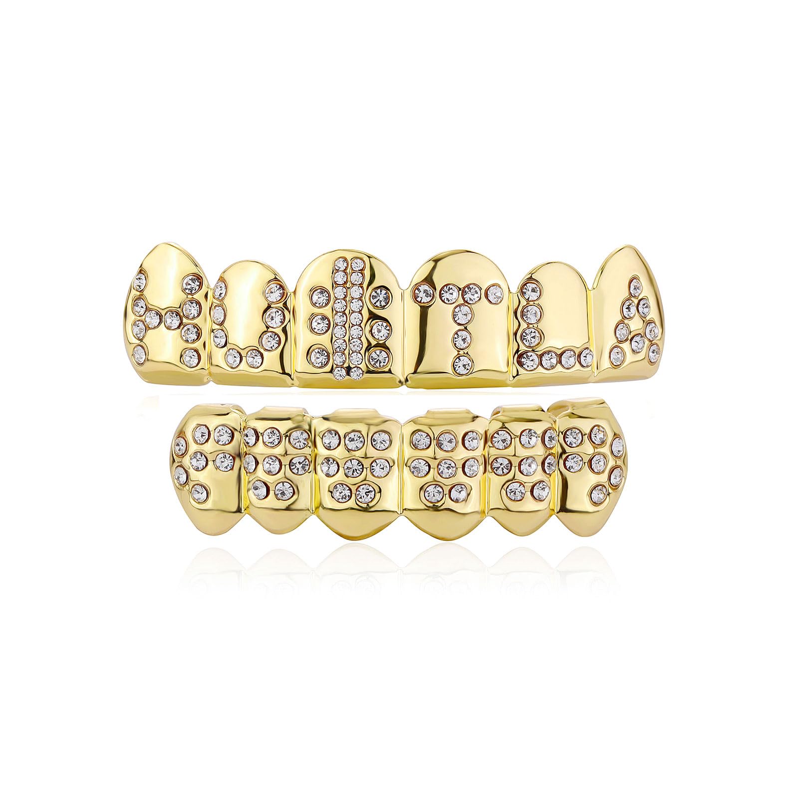 JINAO Gold Grill 14K Gold Plated Iced Out Teeth Grillz Top Bottom Tooth Caps Hip Hop Bling Gold shiny Mouth Grills for your teeth