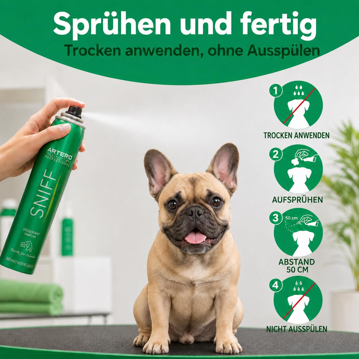 ARTERO Sniff Hunde Deodorant 300ml - Beseitigt schlechten Geruch Sofort, Langanhaltender Körperspray, Geeignet für Welpen und Erwachsene, Vegan und Parabenfrei