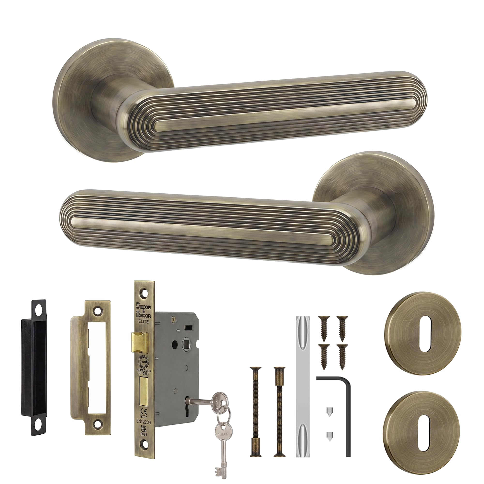 Decoranddecor Antique Brass Internal Door Handles, Sash Lock Kit 64Mm