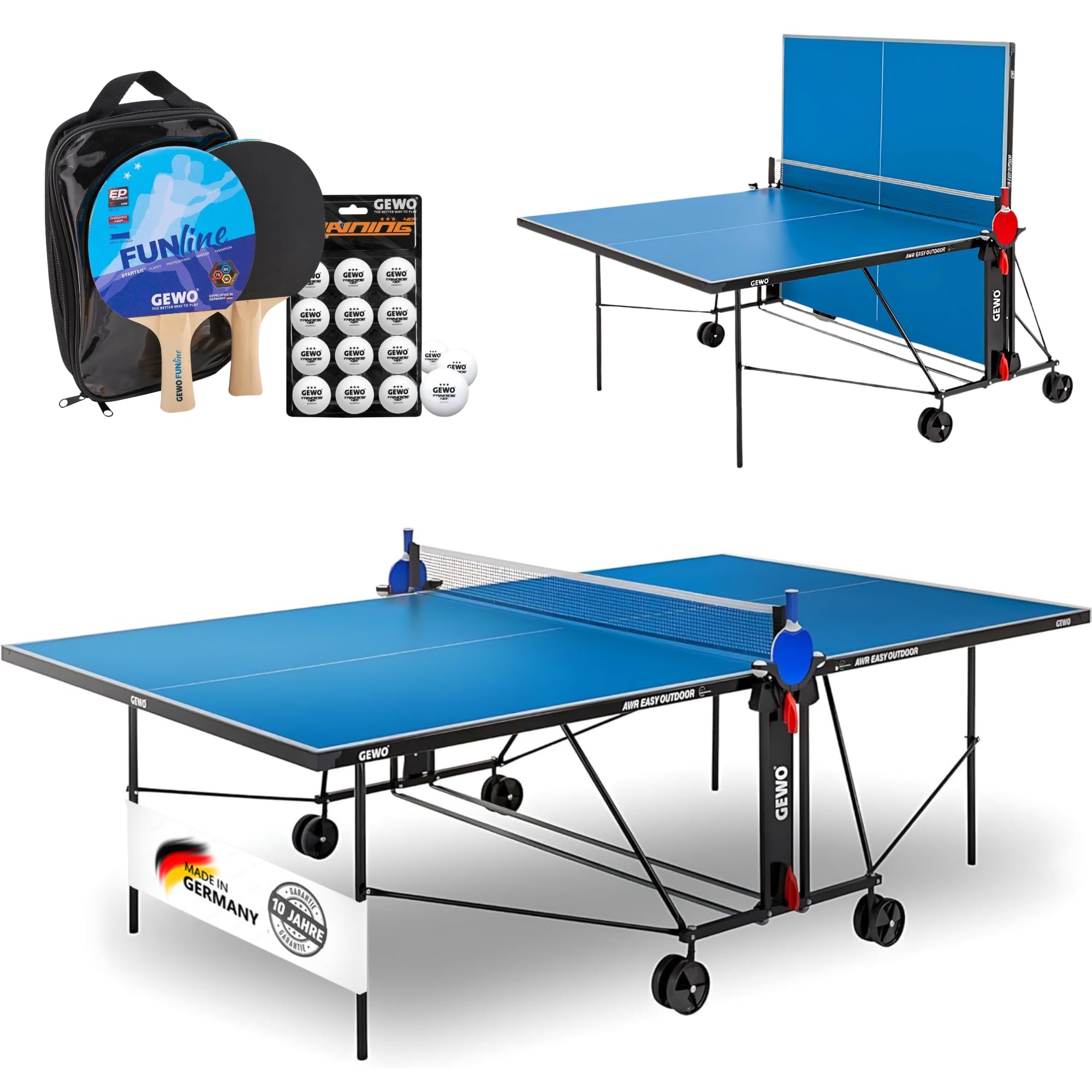 GEWO AWR Tischtennisplatte Outdoor – Wetterfest & klappbar – Melaminharz – ITTF Turniergröße – Mit Netz, Schläger & Bällen – Tischtennistisch - Made in Germany