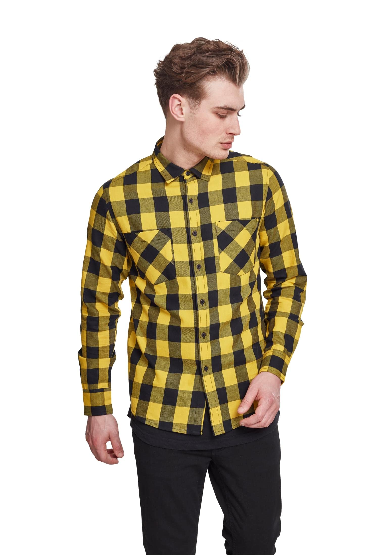 Urban Classics Men's Checked Flannel Shirt Casual Button-Down Shirt, Longsleeve Dress Shirt with Forearm Buttons, Regular Fit, 100% Flannel Yarn blk/honey 4XL