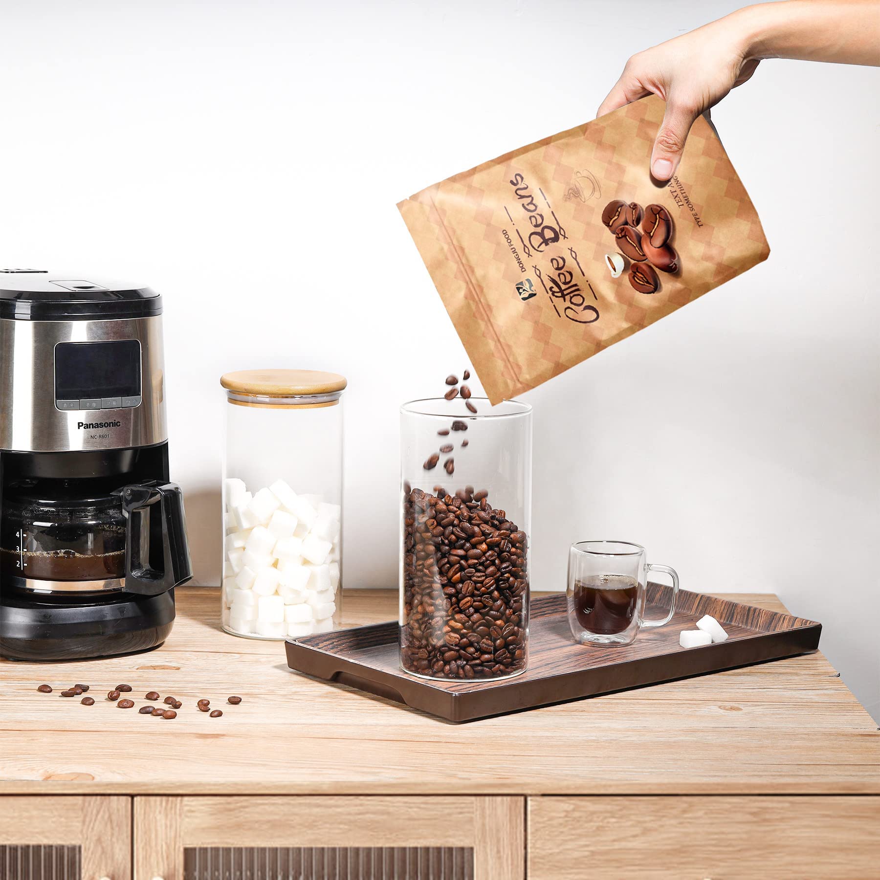 ComSaf Airtight Glass Storage Canister with Wood Lid(40oz), Clear Food Storage Container Jar with Sealing Bamboo Lid for Noodles Flour Cereal Rice Sugar Tea Coffee Beans, Round Set of 3