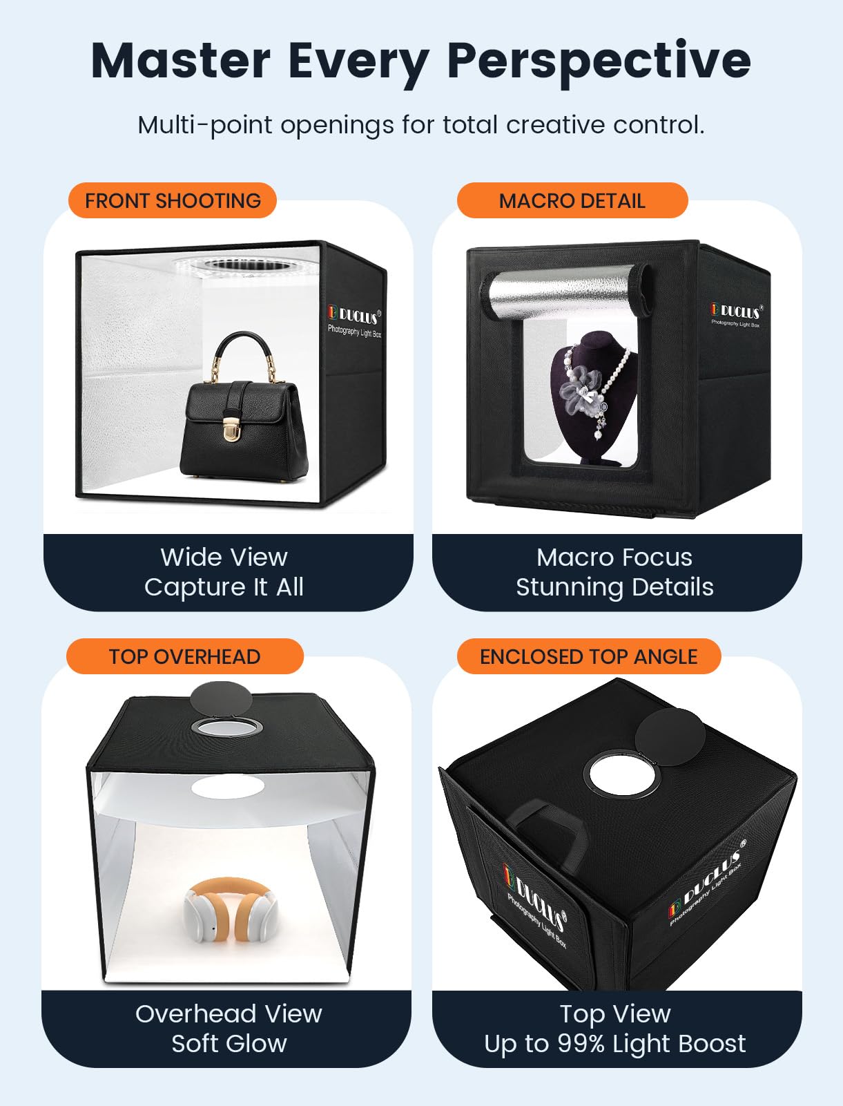 DUCLUS Fotobox 40 x 40 cm, składane studio fotograficzne, 5500 K, ściemniany namiot świetlny z ruchomymi listwami świetlnymi LED i 6 tłami do fotografii produktowej
