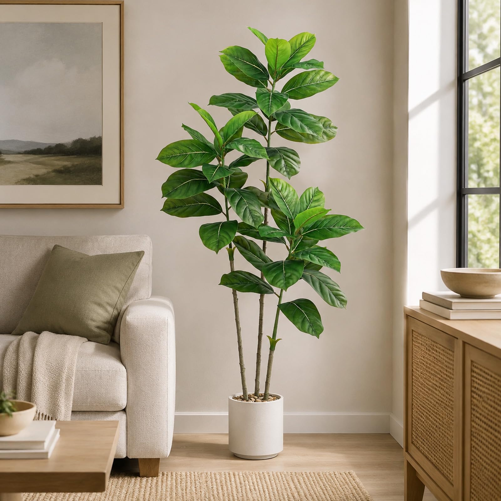 FSOHOI 5FT Artificial Ficus Tree, Indoor Fake Plant with White Planter