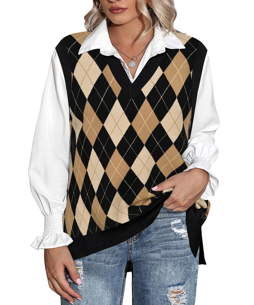 CARCOS Plus Size Sweater Vest for Women Preppy Style V Neck Sleeveless Sweaters Knit Pullover Tank Tops XL-5XL