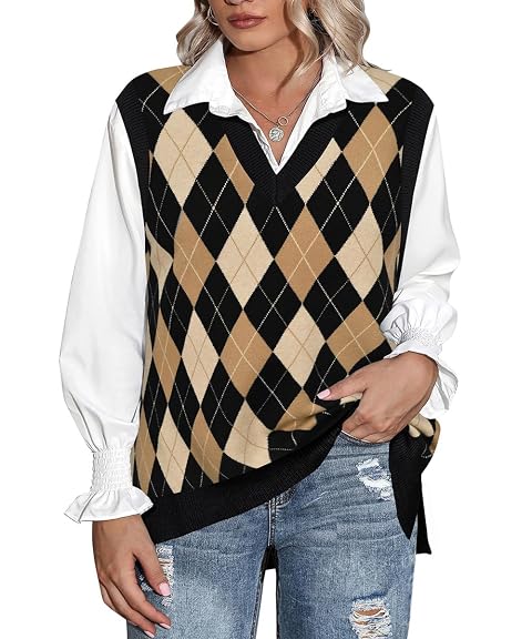 CARCOS Plus Size Sweater Vest for Women Preppy Style V Neck Sleeveless Sweaters Knit Pullover Tank Tops XL-5XL