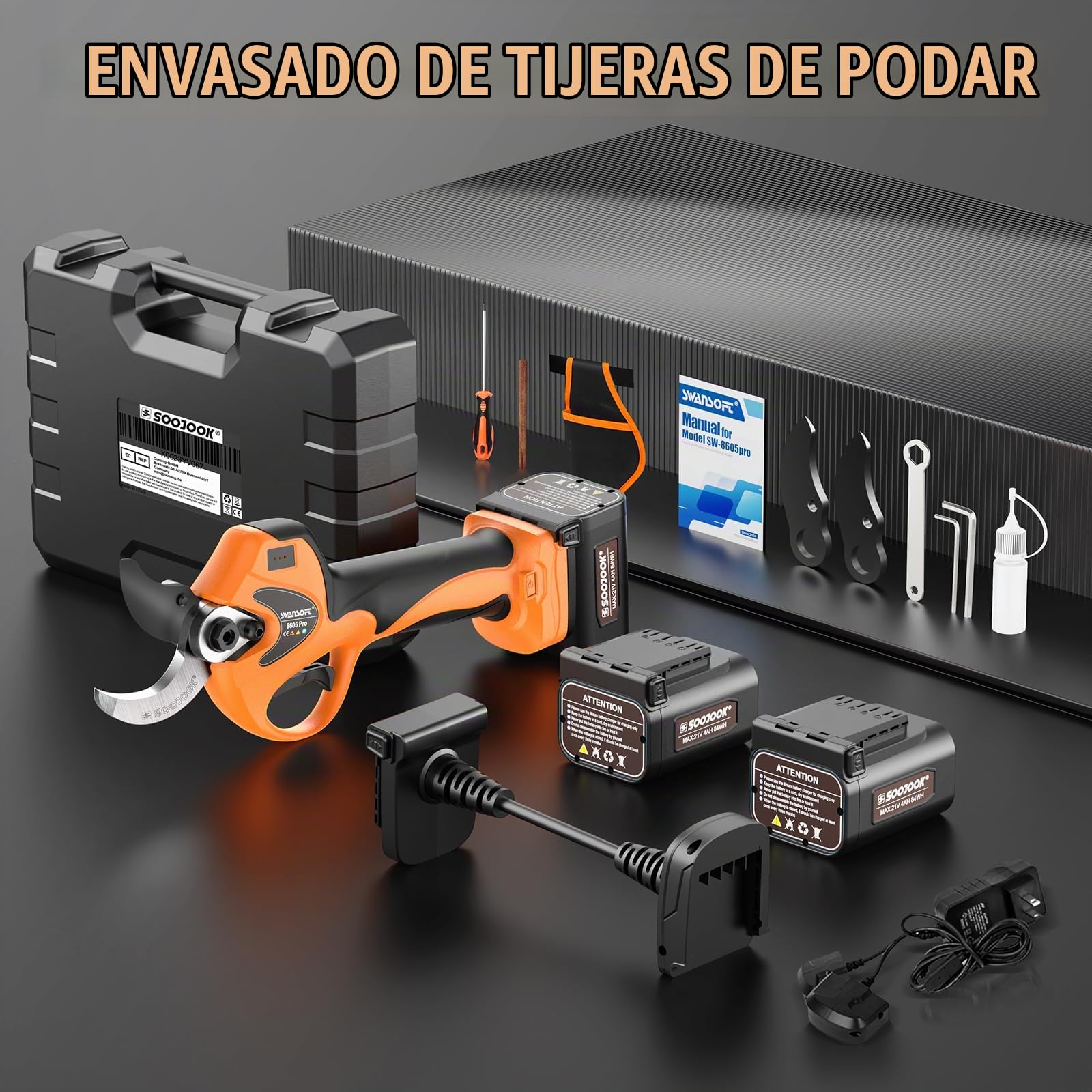 Tijeras de Podar Electricas 40mm - 8605PRO Podadoras Profesionales a Batería, 2x 21V 4A 1050W Podadoras Eléctricas Progresivas a Batería para Ramas de Jardín, Viñedos, Olivos