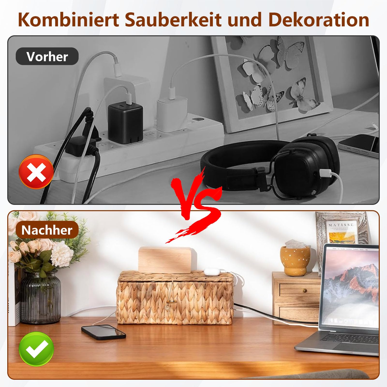 2 Pièces Boîte à Câbles,Boîte De Rangement pour Câbles en Jacinthe D'eau Tressée Naturelle, Boîte de Rangement pour Câbles Sous le Bureau Avec Couvercle en Bambou,pour Le Bureau,La Maison