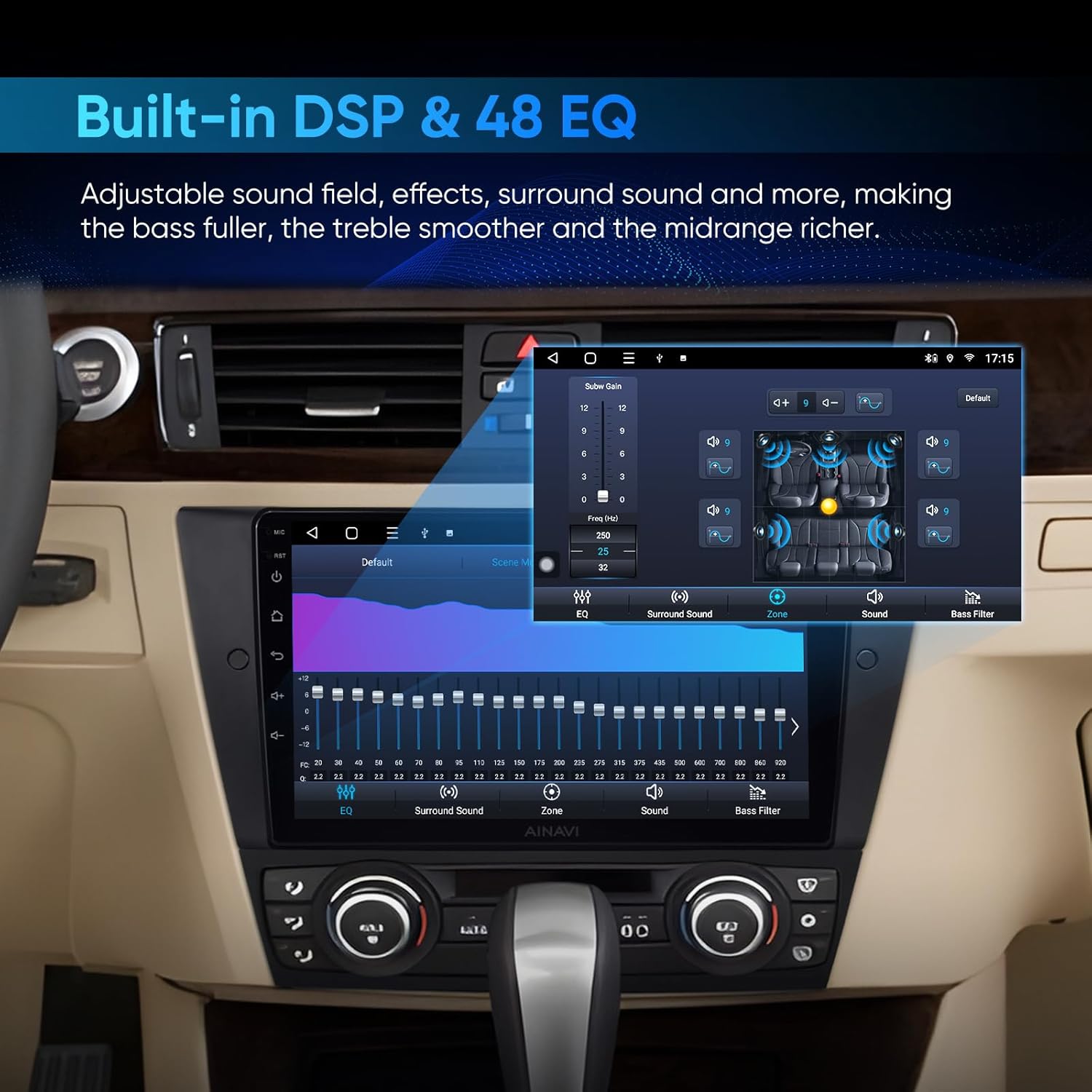 AINAVI car stereo displaying the DSP and 48-band EQ interface with various sound adjustment options, including graphic equalizer, surround sound, zone control, and bass filter.