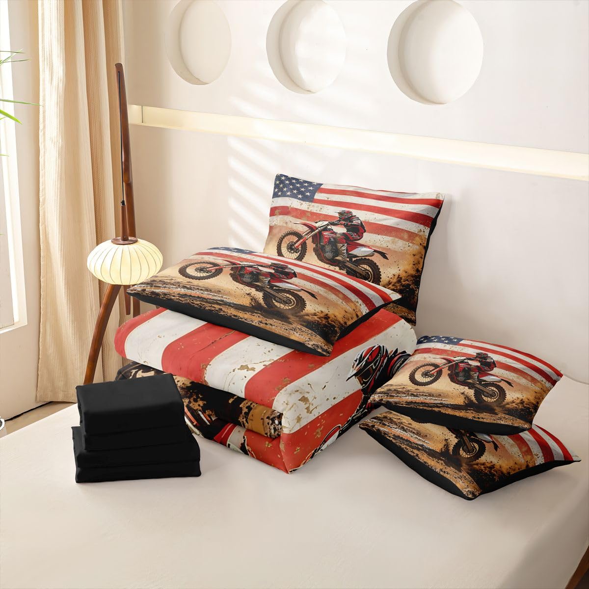 Loussiesd Set di biancheria da letto con copripiumino per letto singolo, motivo motocross, 7 pezzi, per bambini, ragazzi, ragazze, motocross, con copripiumino, lenzuola, federe, federe