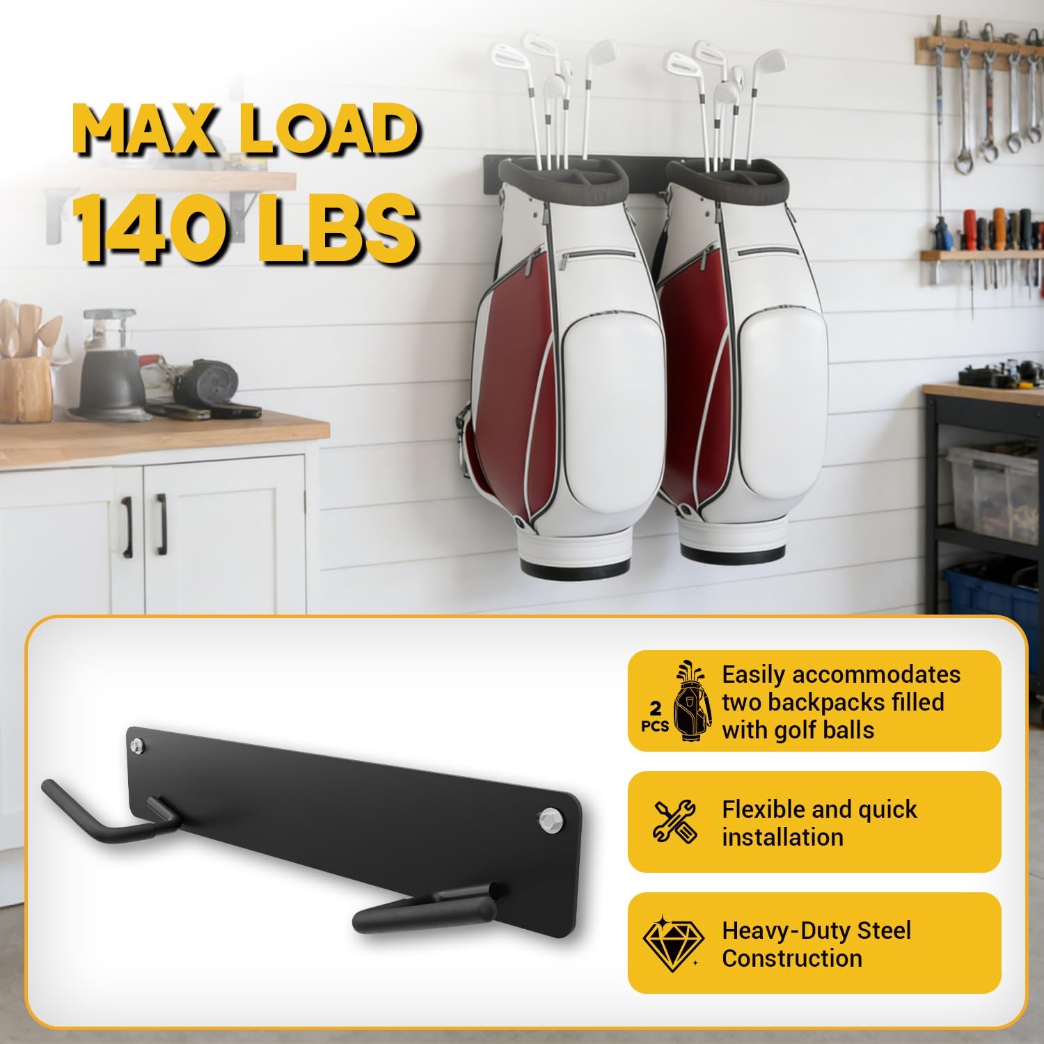 Golf Bag Wall Mount for Garage, with Anti-Slip Hooks, Wall Mount Golf Bag Holder, Space Saving Heavy-Duty Wall Mount Organizer for Golf Bags & Accessories, 2 Pack