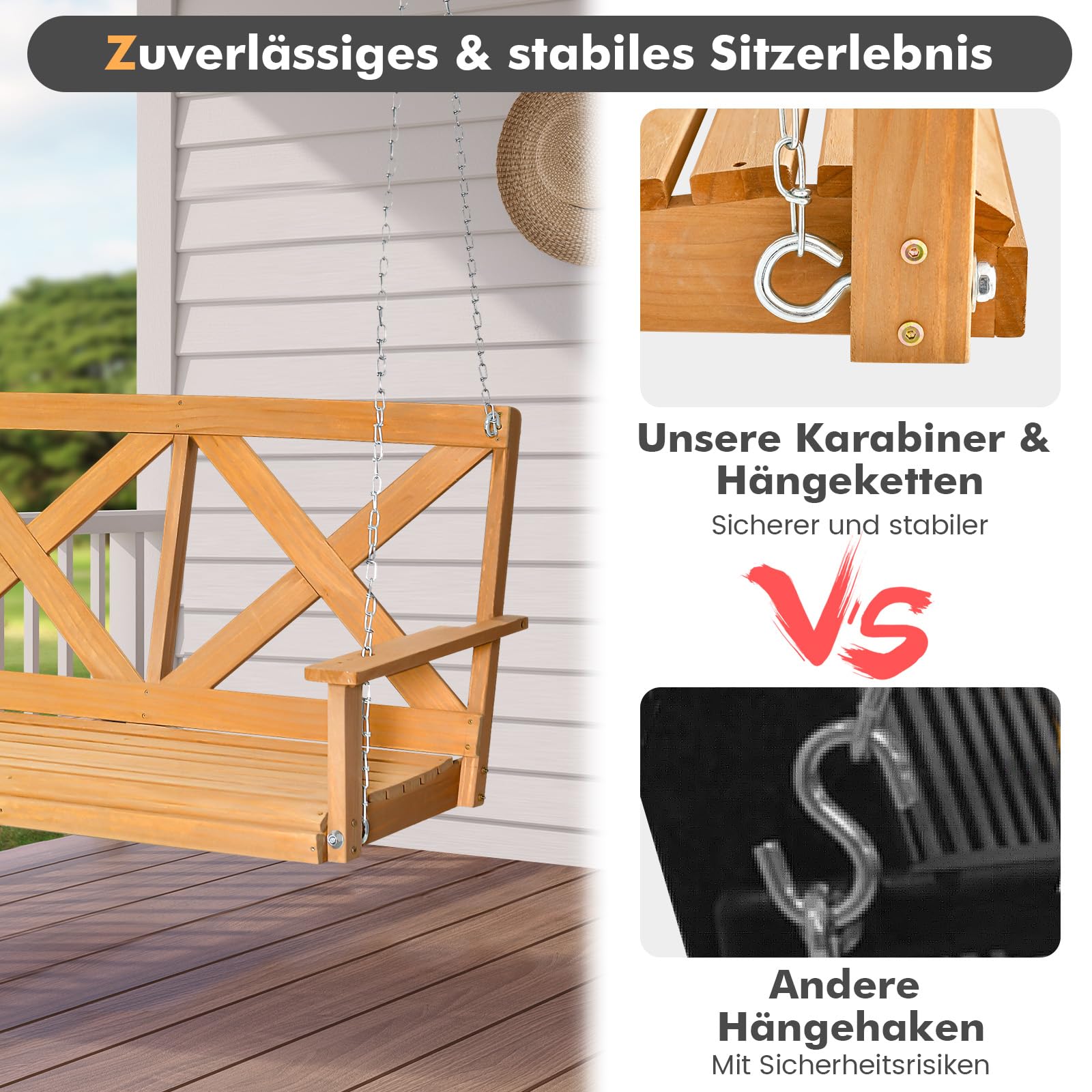 COSTWAY Hängebank aus Massivholz, 2-Sitzer Gartenschaukel zum Aufhängen, Hollywoodschaukel bis 240 kg belastbar, Outdoor-Schaukelbank für Terrasse, Garten, Hof, 134 x 60 x 65 cm, Natur