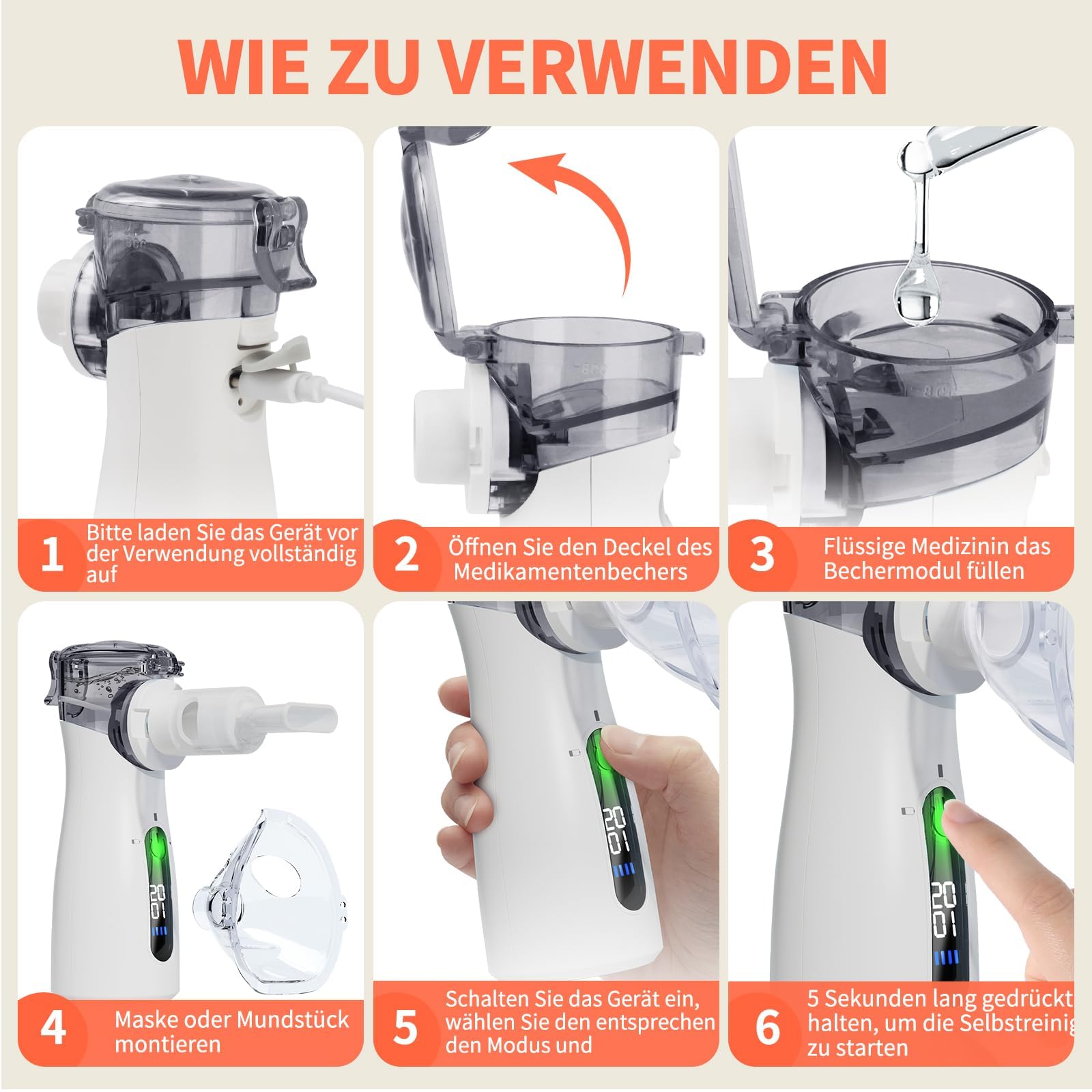 InhaliergeräTe FüR Erwachsene，InhalationsgeräT Kinder Mit Tragbar USB Elektrische Inhalatoren，Nebulizer Inhalator Mit Led-Timer，Vernebler InhaliergeräT Zur Linderung Von Atemwegsinfektionen (Grau)