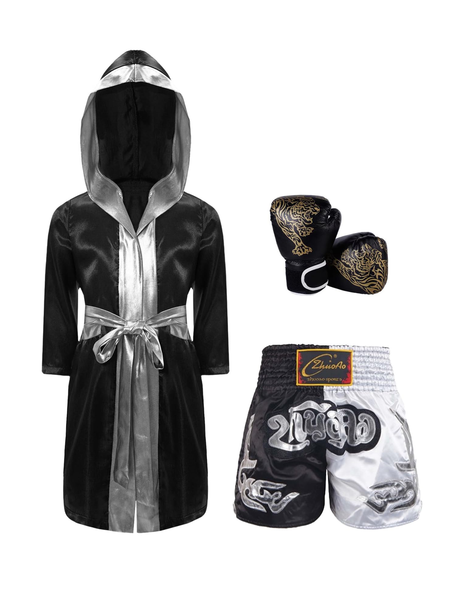 inhzoy Cosutme da Pugile Bambino Accappatoio Boxe con Pantaloncini Muay Thai Kick Boxing Guantoni da Boxe Abbigliamento Kick-Thai Muay Thai Sanda Completo Combattimento