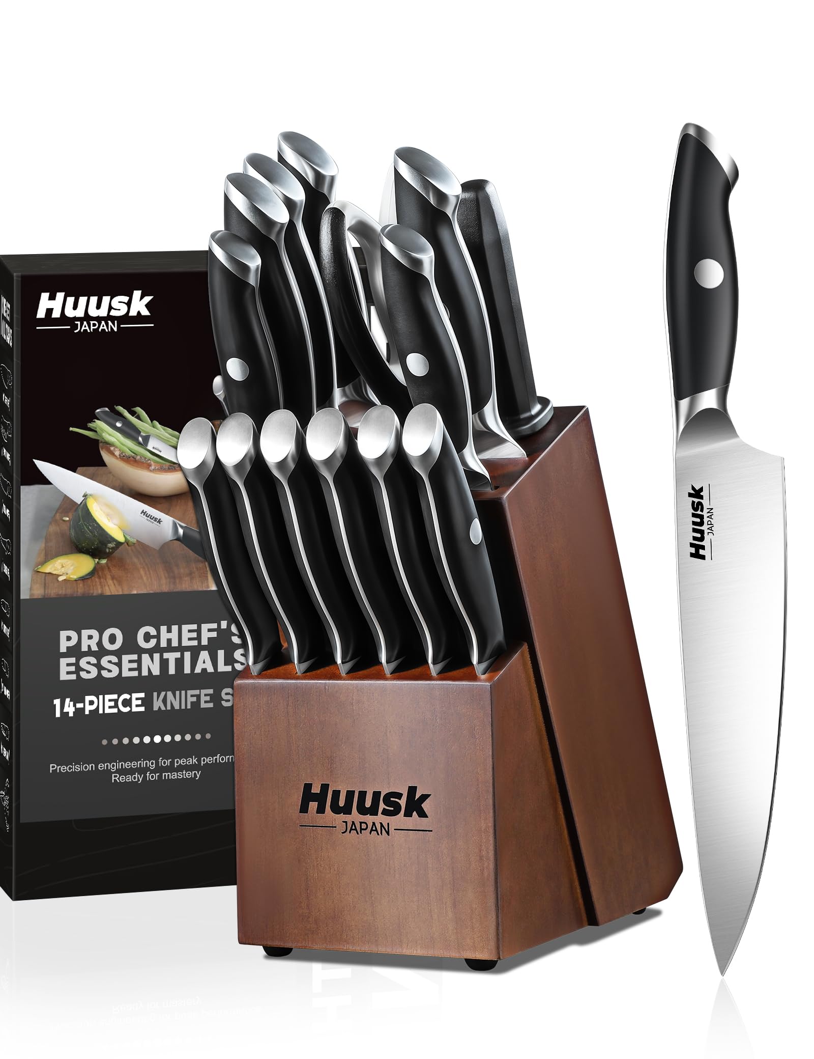 Huusk Kitchen Knife Block Set - Chef Knife Set with Acacia Block Black 14PC