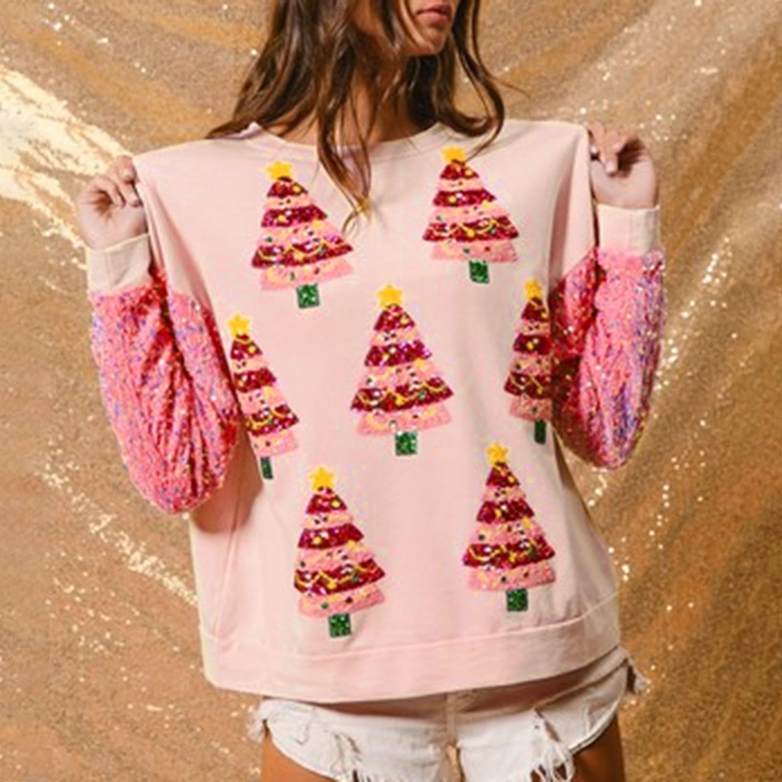 Sudadera Mujer Sin Capucha，Suéter de Manga Larga con Estampado navideño y Lentejuelas para Mujer