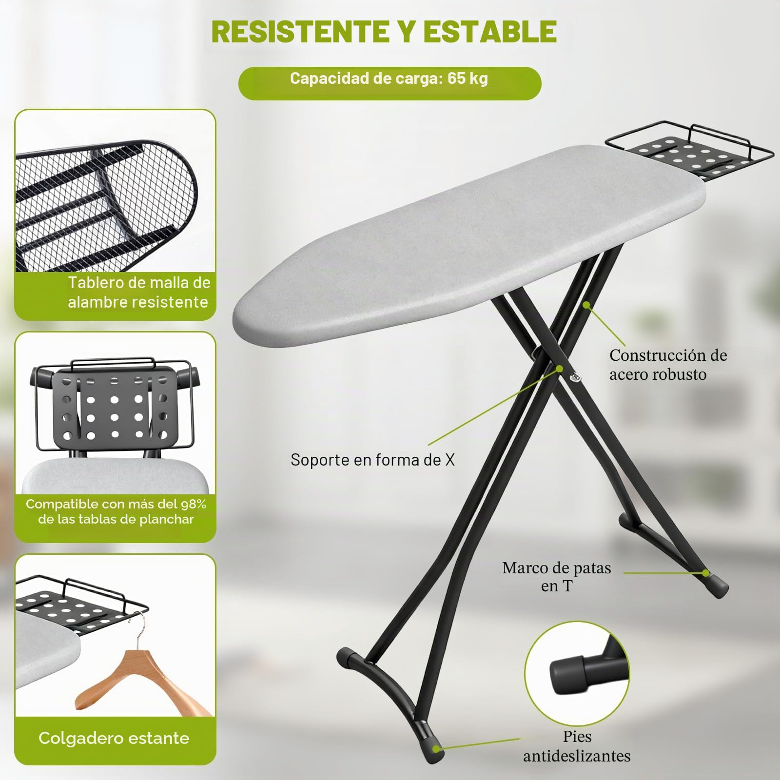 Tabla de Planchar Plegable y de Altura Ajustable, Mesa de Planchar con Soporte para Plancha Resistente al Calor, Almohadilla 4 Capas, 110 x 31 cm，Ironing Board