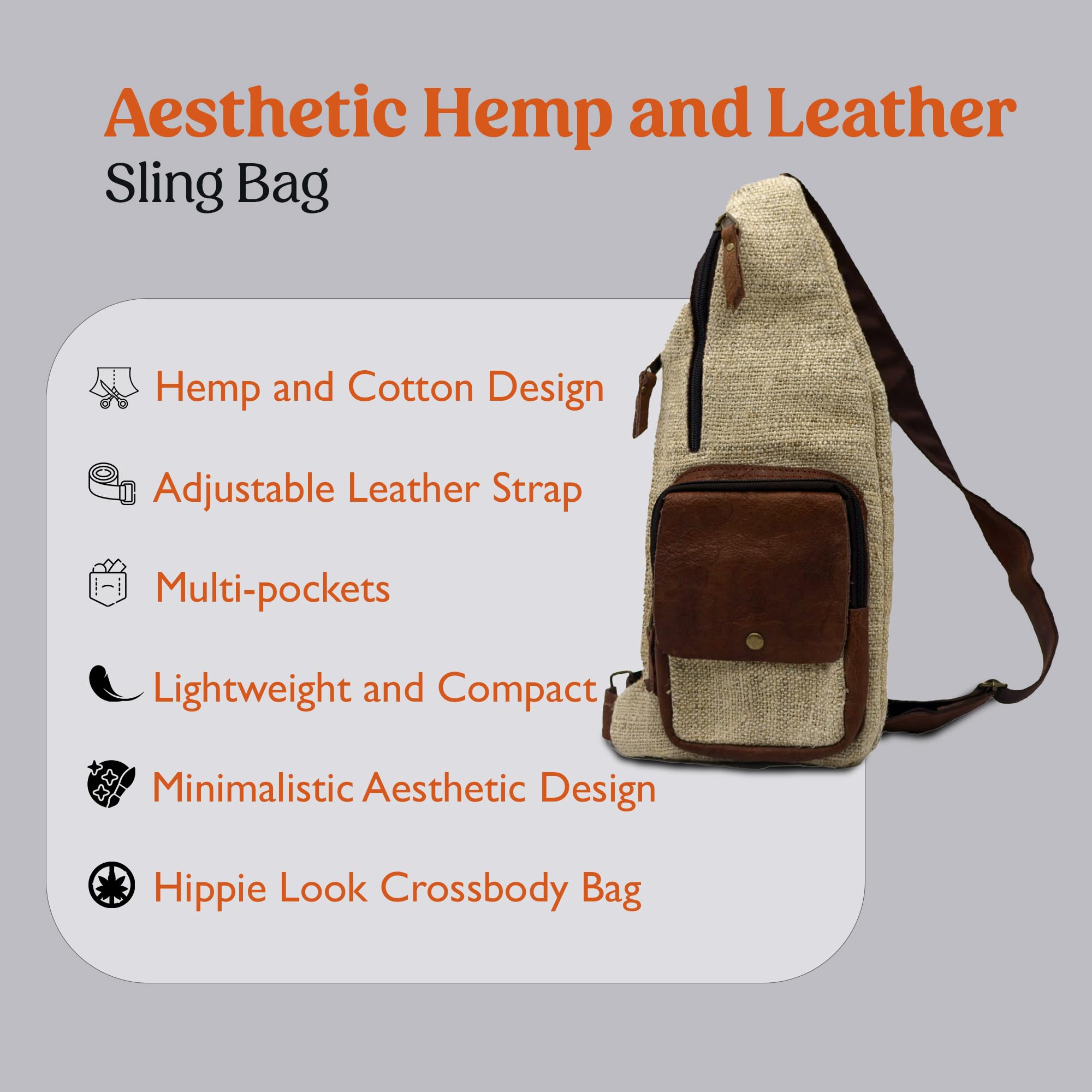 Bolso bandolera de algodón de cáñamo hecho a mano con correa de cuero, 100% natural, fabricado en Nepal
