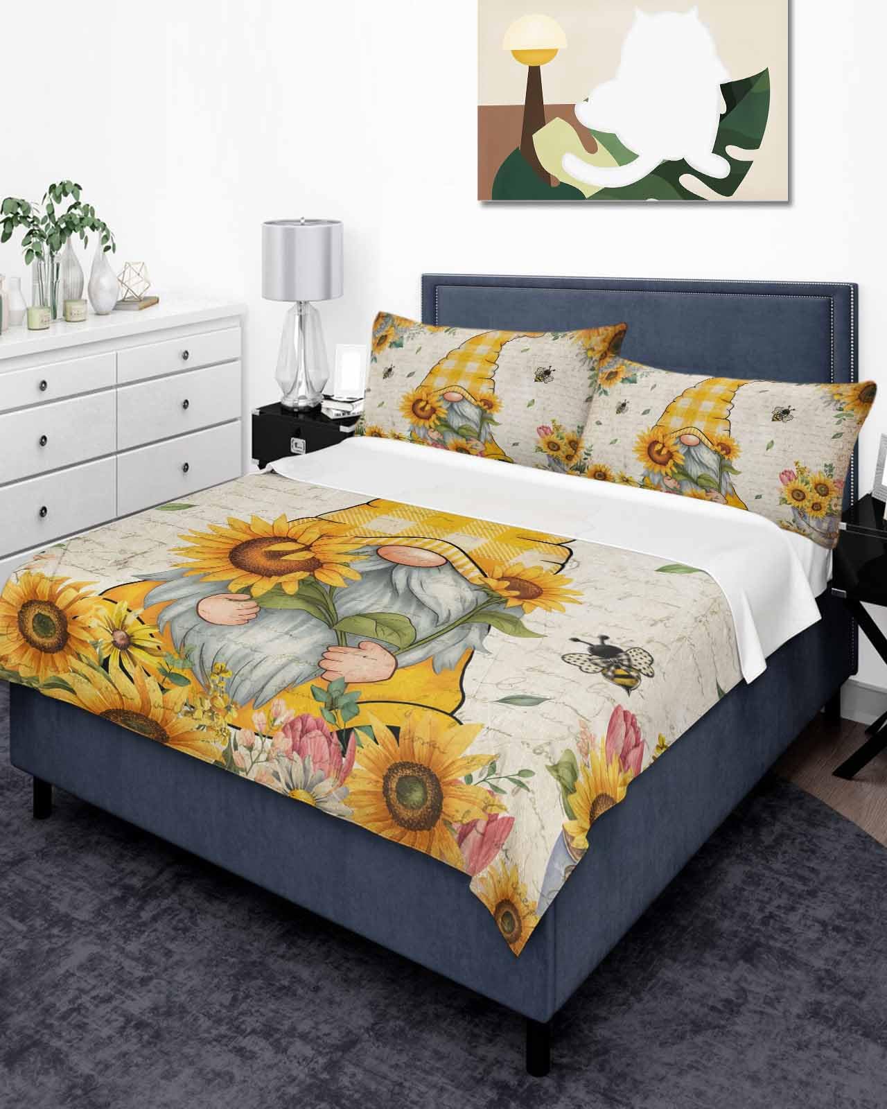 Queen Size Top Sheet Only, Gnome Farm Sunflower Cute Bee Flat Sheet Microfiber Breathable Soft Bed Sheets, Vintage Letter Background Hotel Bedding Flat Sheets for Bedroom