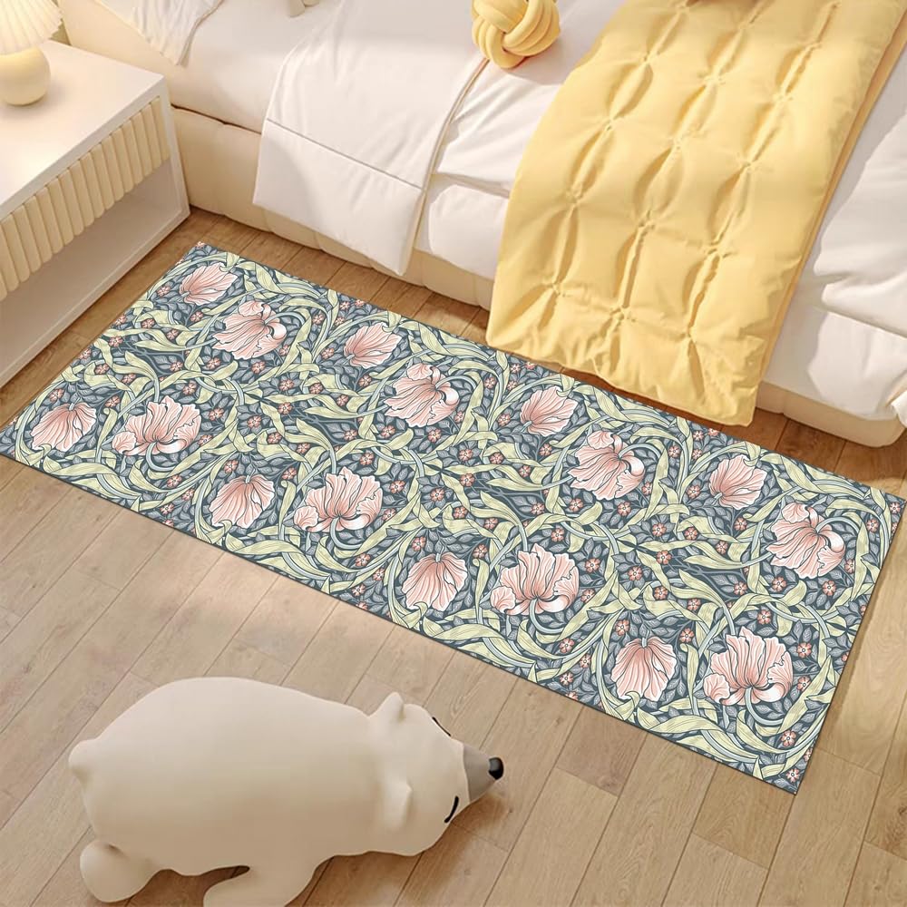 William Morris Vintage Floral Runner Rug for Hallway,Blue/Pink Flower Indoor Rug,Non Slip Washable Rug Elegant Chic Carpet Runner for Bedside Bathroom