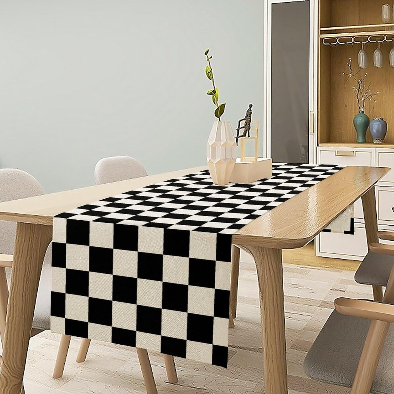 Black Checkered Table Runner Vintage Geometric Black White Plaid Runner Racing Car Theme Dinner Runner for Country Farmhouse Kitchen Birthday Party Holiday 120X13inch
