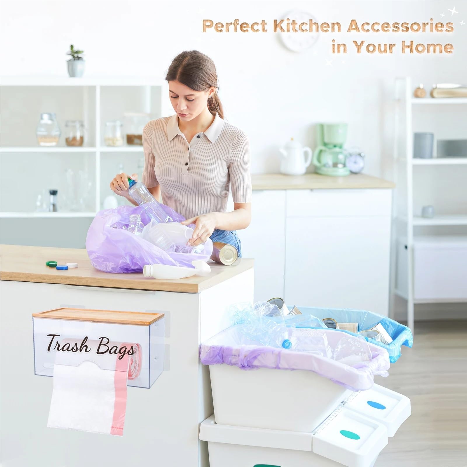 Dispensador de Bolsas Basura montado en la Pared con Tapa, contenedor, Portarrollos Papel higiénico, Caja Almacenamiento Cocina Escritorio para Cocina y Baño