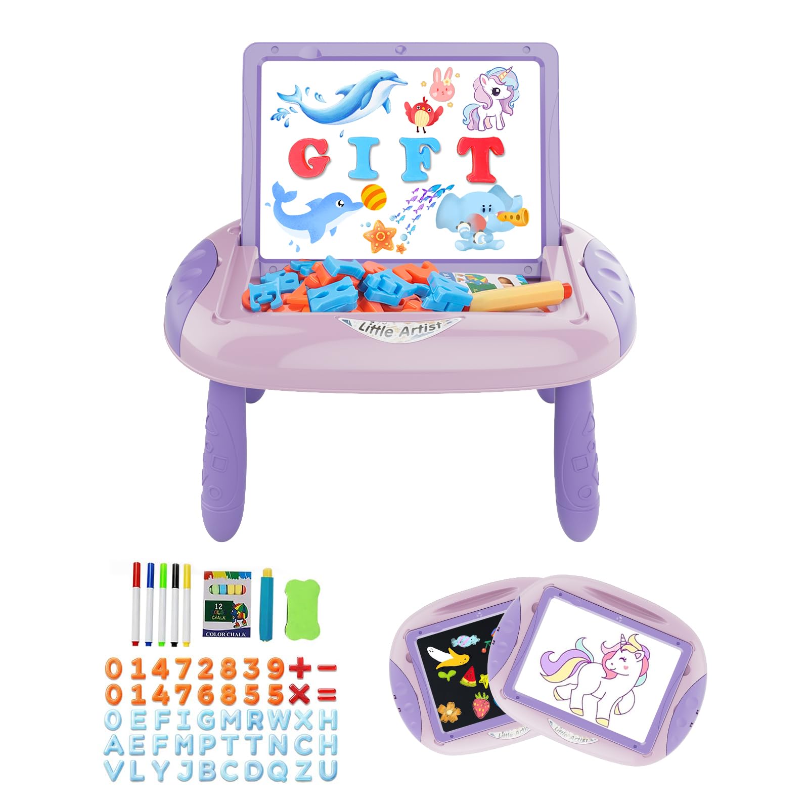 Gift for 1-2 Years Old Girl, Girl Toys with Magnetic Letters and Numbers, Portable Doodle Board Easel, Learning and Educational Toy for 1-2 Years Old Girls (Pink Purple)