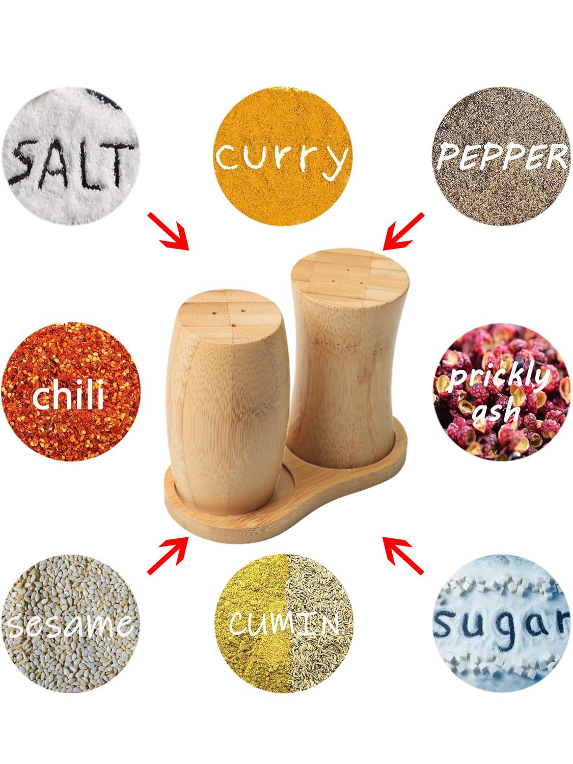 Juego de saleros y pimenteros, pequeños saleros de bambú con estante base para cocina, camping, barbacoa, granja, estilo rústico para decoración de mesa de comedor, diseño único, 1 onza, juego