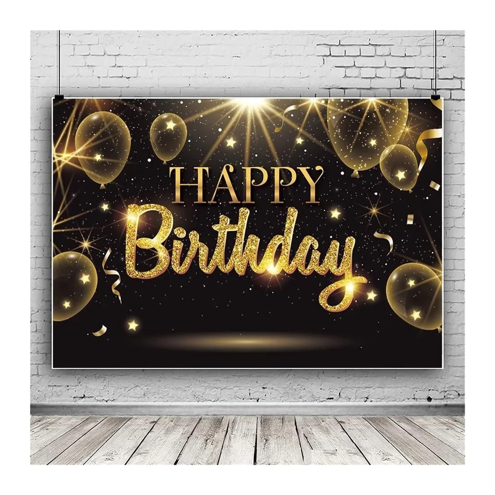Birthday Hintergrund Schwarz-Gold-Geburtstagsparty-Dekorationshintergrund, goldene Luftballons, Funkelnde Sterne, Geburtstagsparty-Fotohintergrund-Banner(XXL)