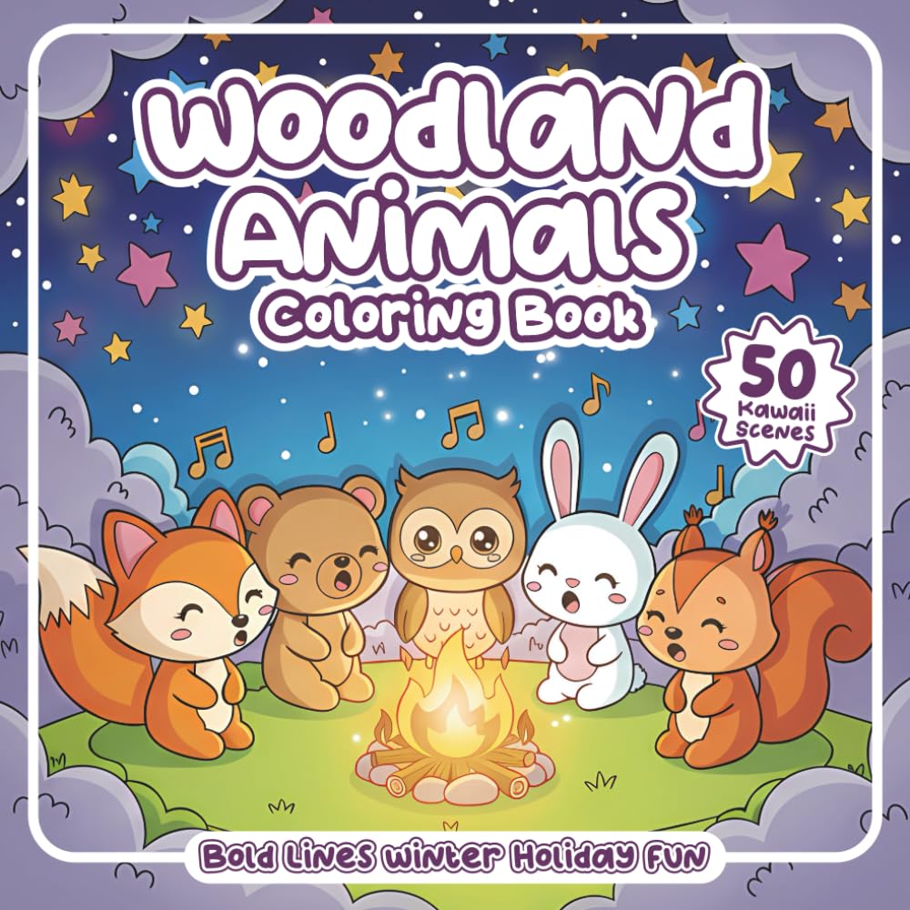 Woodland Animals Coloring Book: 50 Cute Kawaii Woodland Animals to Color – Stress Relief, Relaxing Winter Scenes, Holiday & Christmas Fun with Foxes, Owls, Deer, Rabbits, Bold Black Lines