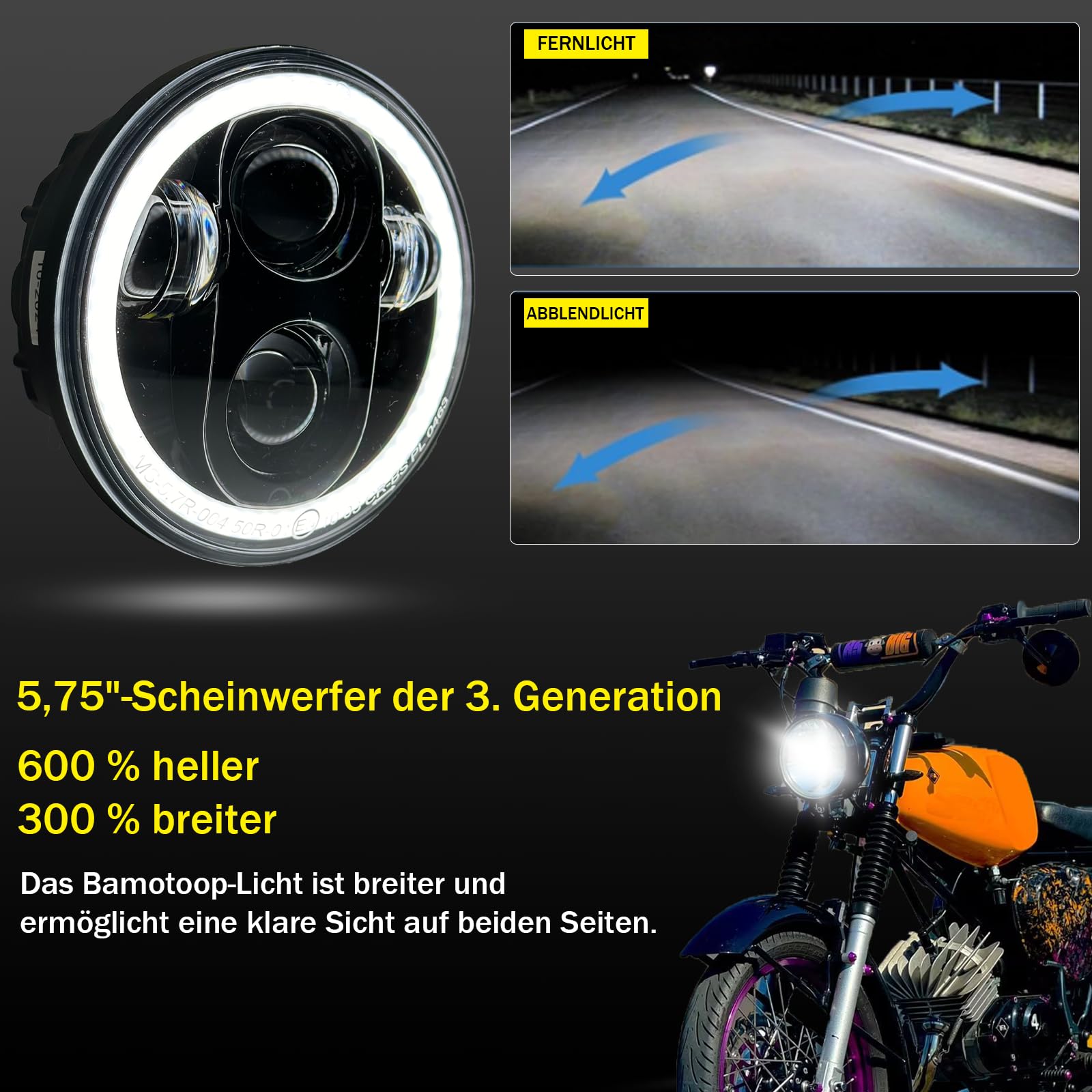 5,75 LED Motorrad Runder Scheinwerfer E-geprüft DRL Fern- und Abblendlicht für Simson S51 S70 S50 S50B Tuning