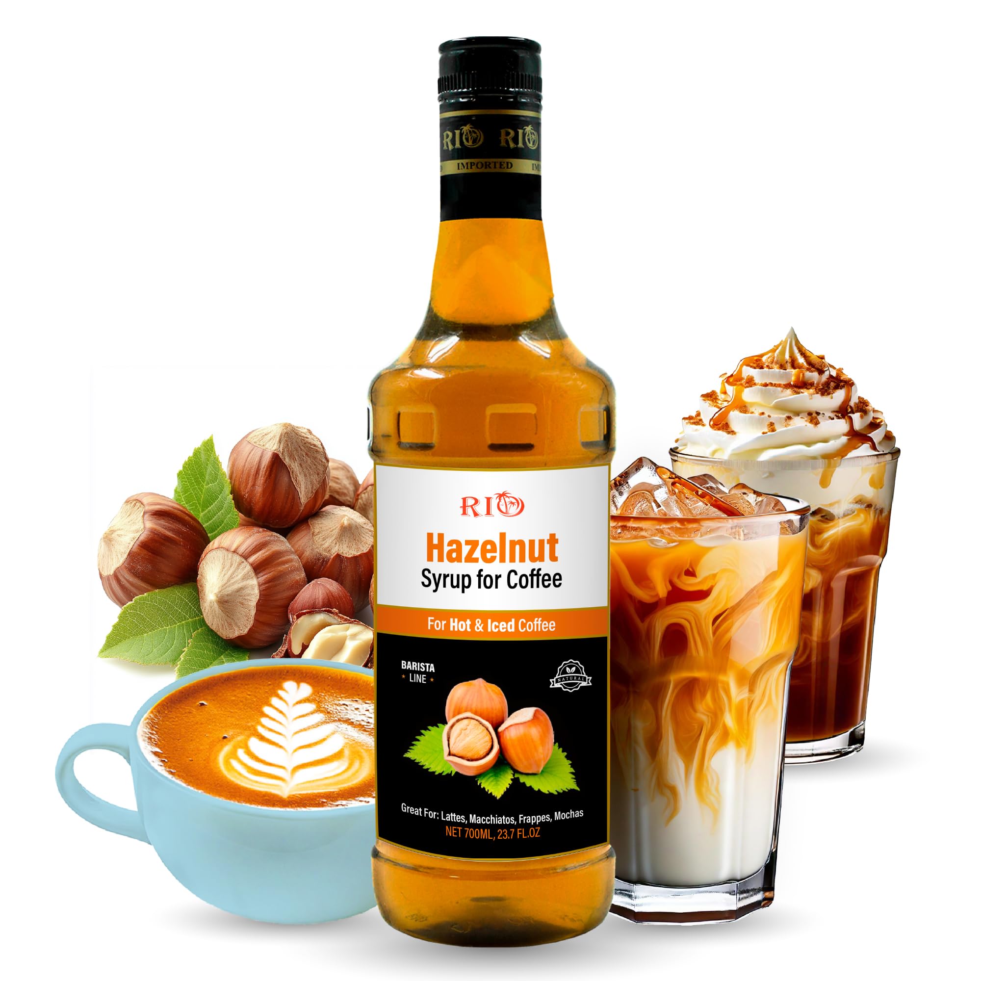 RIO Hazelnut Coffee Syrup, Perfect for Hot or Iced Drinks & Desserts, Warm & Inviting Flavor Sweetened with Pure Cane Sugar, Barista-Grade Flavor Syrups for Coffee Drinks at Home & Work - 700ml