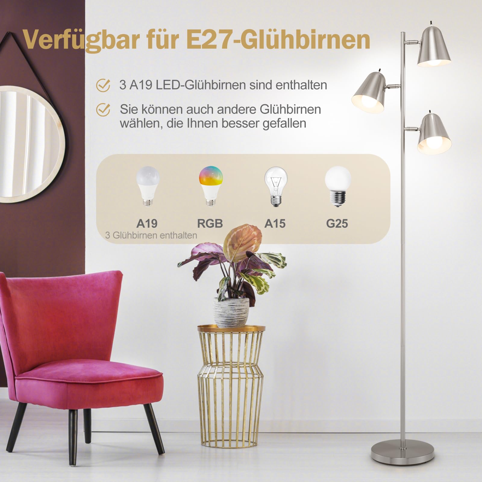 COSTWAY 163cm Stehlampe 3 flammige, Stehleuchte mit 3 E27 Glühbirnen & 360° verstellbaren Lampenschirmen & schwerer Fuß, Lesestehlampe für Wohnzimmer, Schlafzimmer, Büro (Silber)