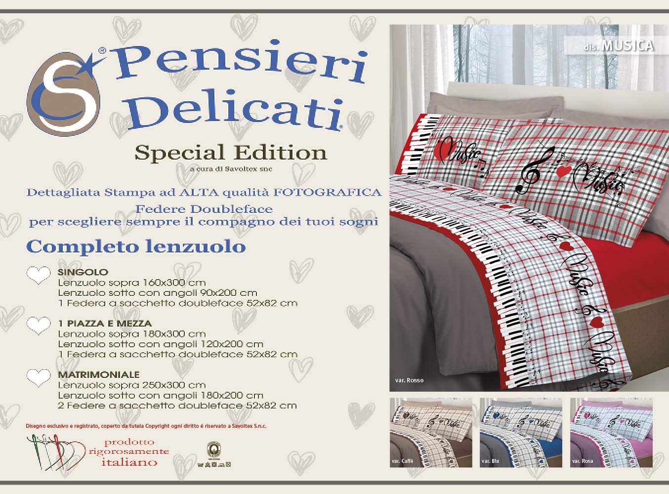 PENSIERI DELICATI Completo Letto Matrimoniale 100% Cotone, Completo Lenzuola Matrimoniali 180x200 Comprensivo di Lenzuolo sotto, sopra e 2 Federe, Made in Italy, Fantasia Music Rosso